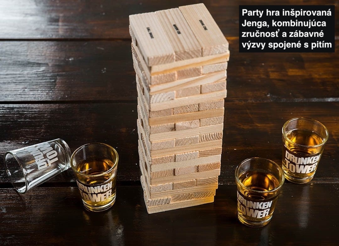 Jenga věž dřevěná se 4 skleničkami na shoty - společenská párty hra pro 2 - 4 hráče