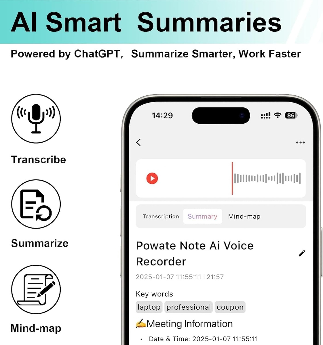 mini kreditna karta audio zaznamnik AI diktafons prepisom textu