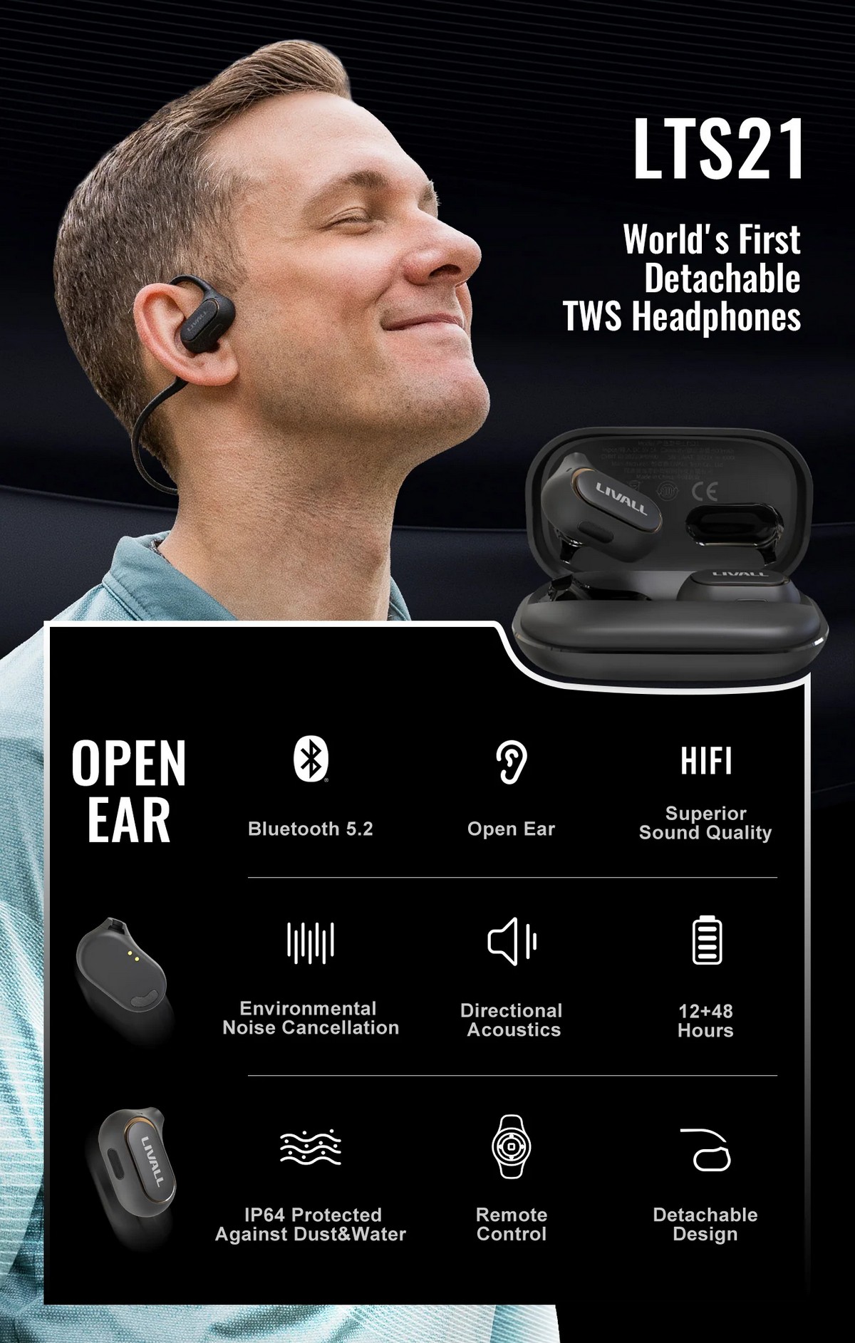 Bezdrôtové športové slúchadlá s Bluetooth – odnímateľný open-ear dizajn