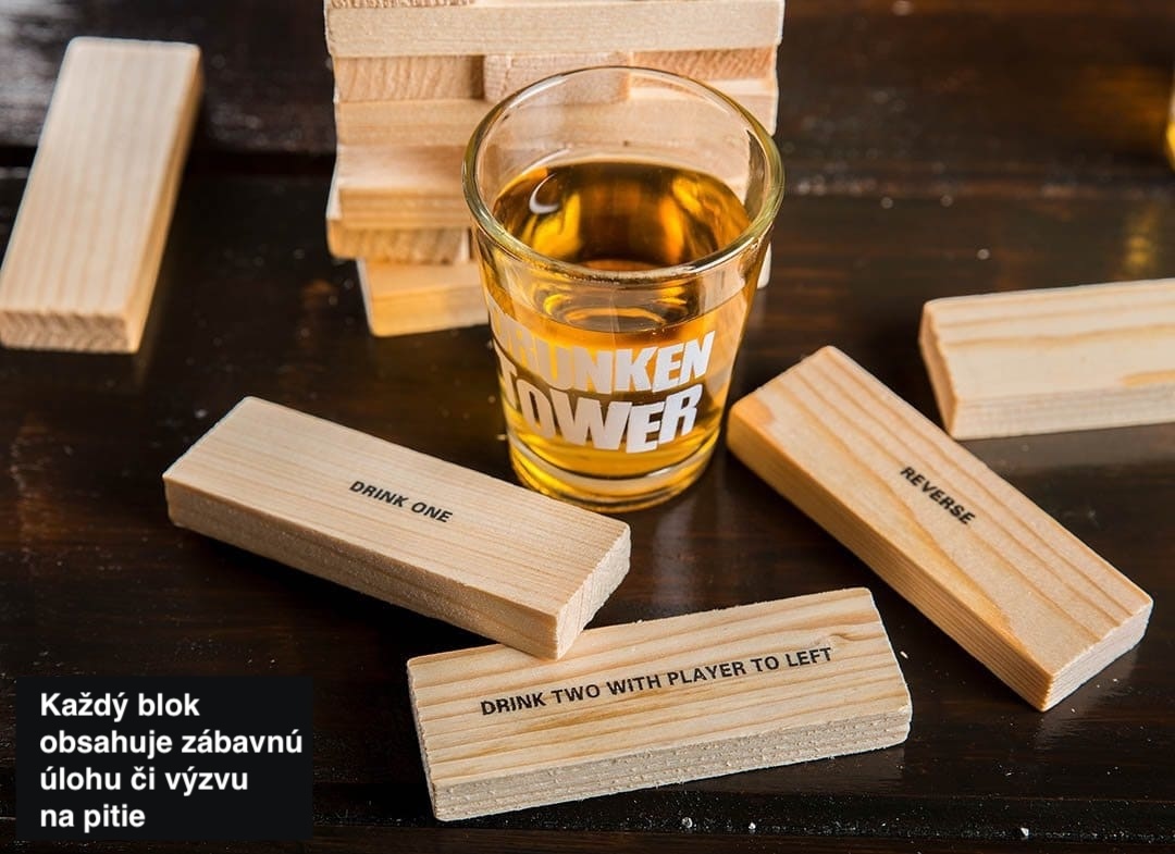 Věž Jenga dřevěná - společenská hra se 4 skleničkami na shoty pro 2-4 hráče