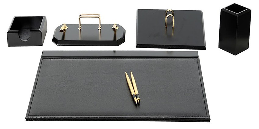 Luxusní SET na dokumenty pro kancelářský stůl 6 ks černá kůže + dřevo