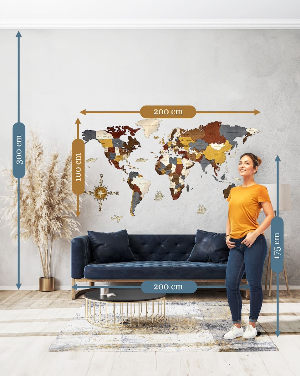 3D dřevěná mapa kontinentů - designová nástěnná dekorace pro domov