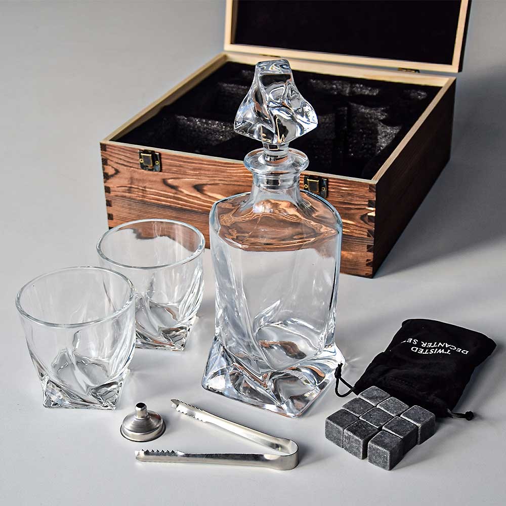 Set na whisky dárkový – karafa se 2 skleničkami + 9 ledových kamenů + doplňky