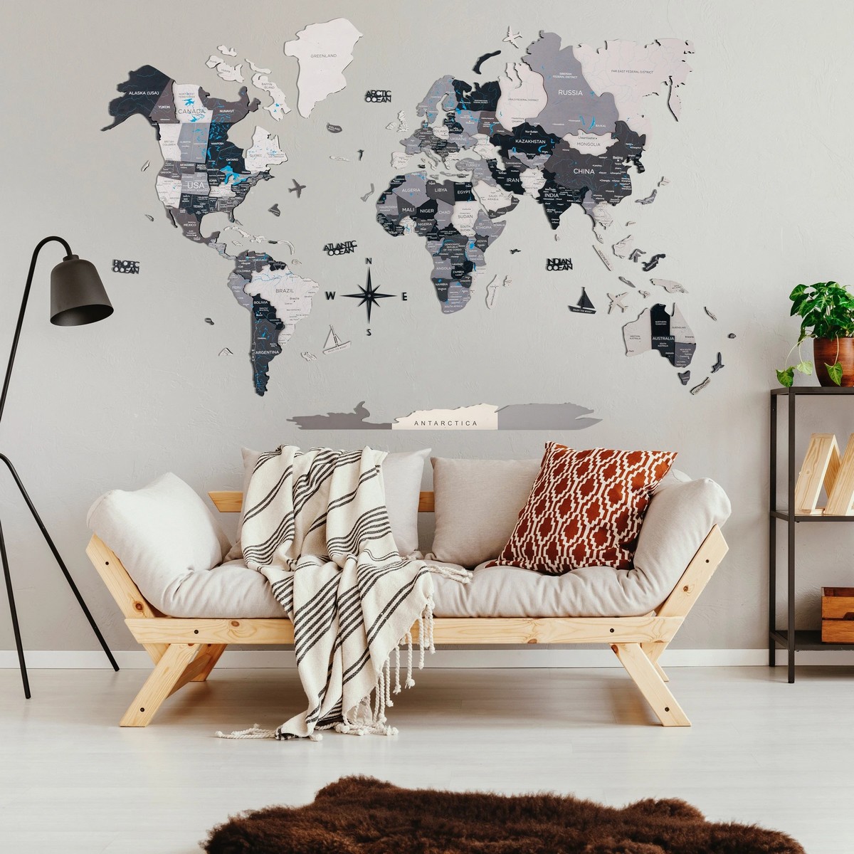 Handmade dřevěná mapa světa NORD - unikátní nástěnná dekorace ze dřeva