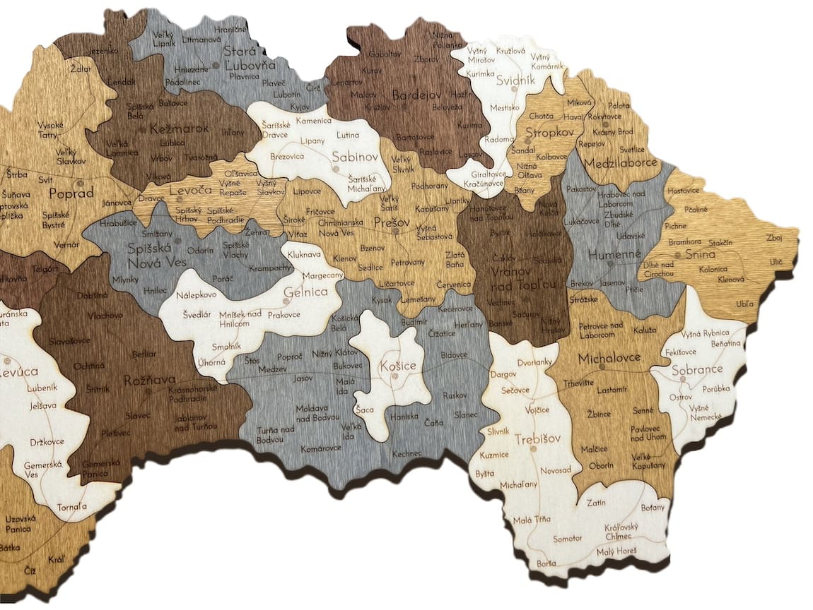 Vlastenecká domácí dekorace - mapa Slovenska s vyznačenými kraji