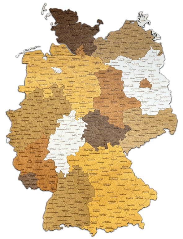Dřevěná mapa Německa s kraji - 3D nástěnná dekorace se všemi regiony