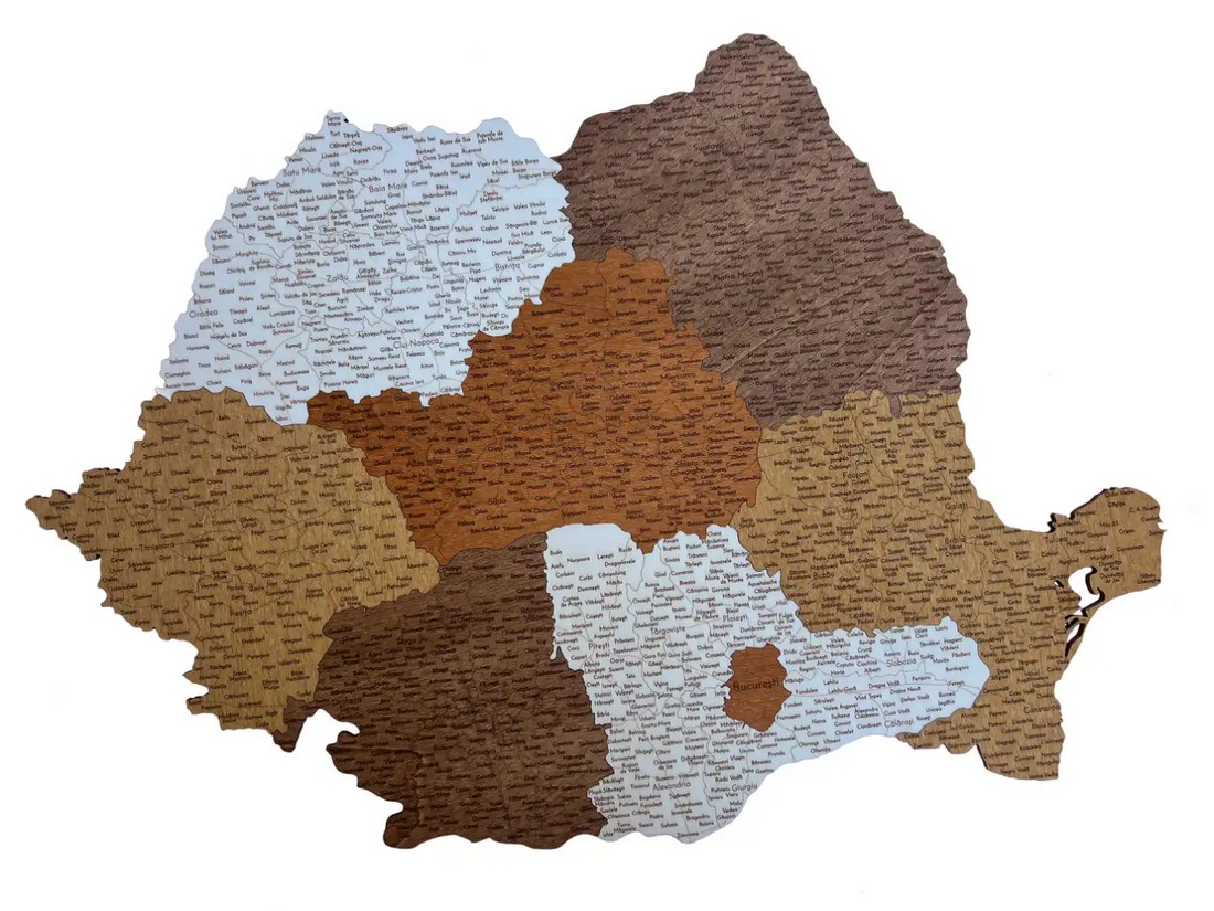 Dřevěná mapa Rumunska s kraji - 3D nástěnná dekorace se všemi regiony
