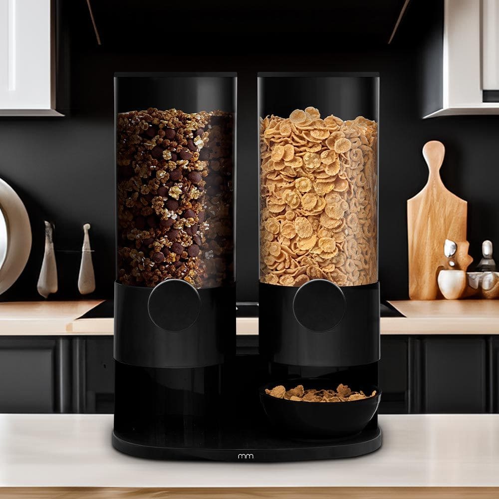Double storage Cereal dispenser with 2 black storage bins – 6L organizer for flakes + muesli