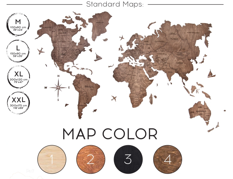 NOIR kolekce dřevěných map - černá mapa světa pro luxusní interiéry