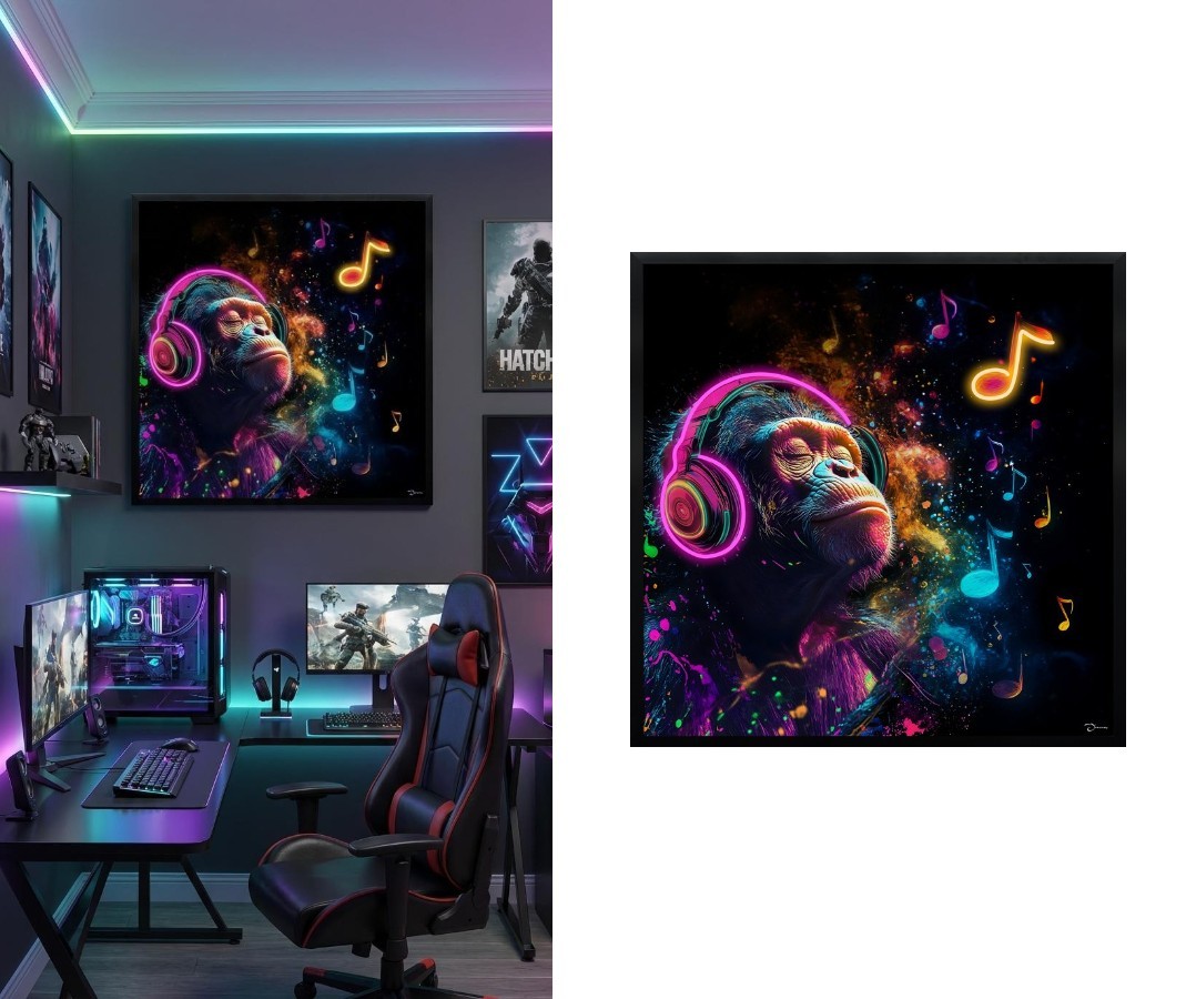 壁画 ポップアート LED - ヘッドホンをつけた猿 - 83 83 cm エフィール