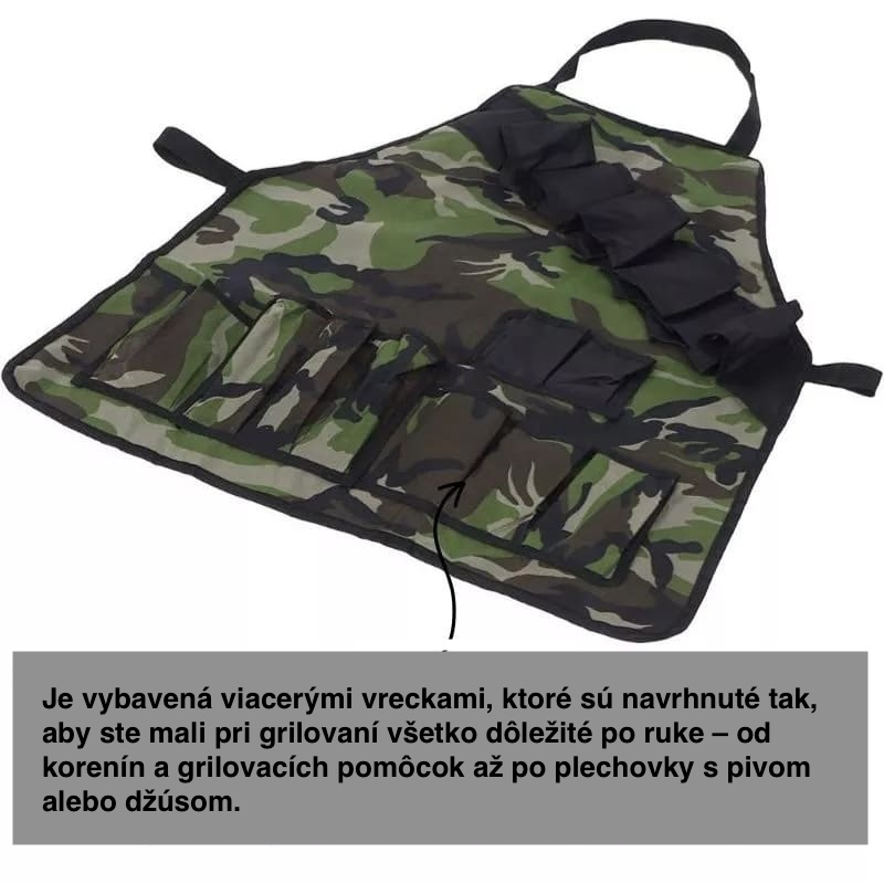maskáčová BBQ Zástěra s kapsami na grilování