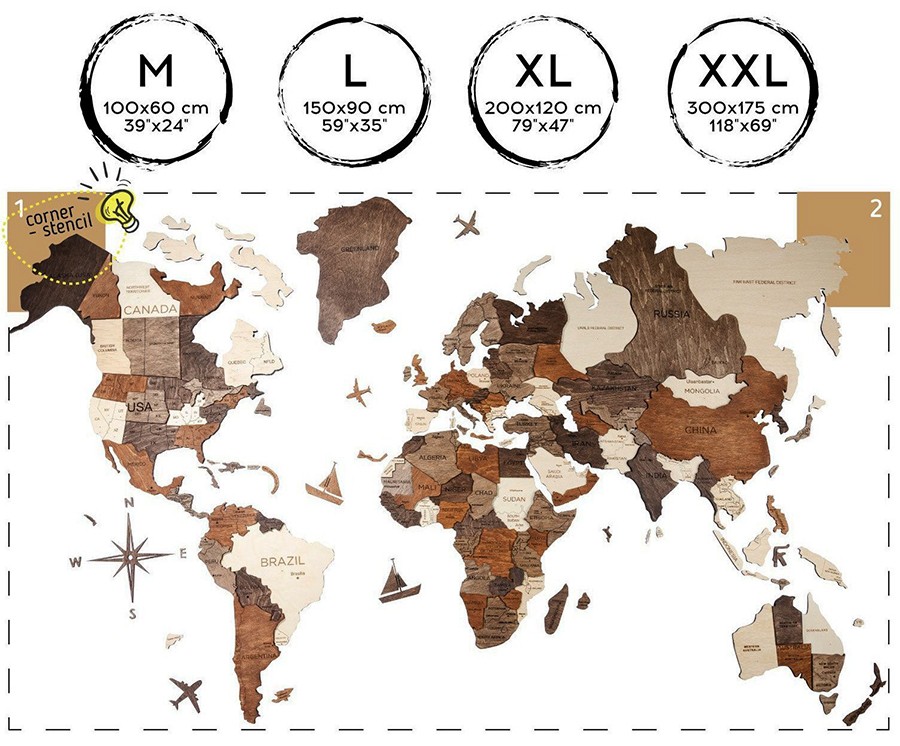 Různé varianty nástěnných dřevěných map - jak ozdobit domov geografickými dekoracemi