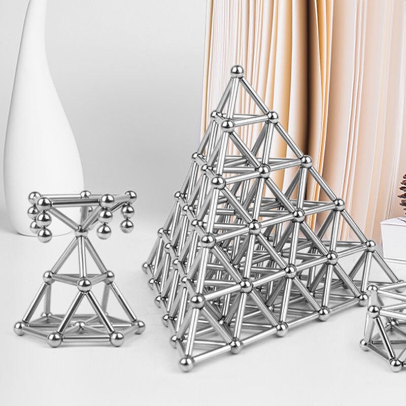 Skládací magnetické tyčinky s kuličkami – stříbrné provedení z neodymového materiálu