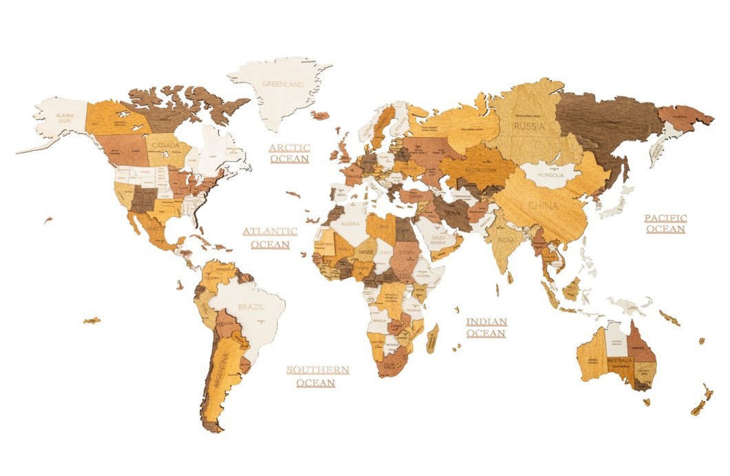 Velká 4D mapa světa 300x150cm – dřevěný obraz mapa světa ze dřeva ORIGINAL