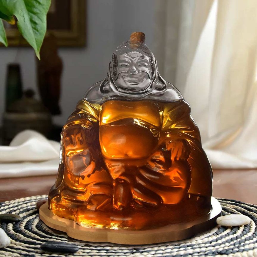 Karafa Buddha skleněná 1 l – nádoba na rum a whisky ručně vyrobená