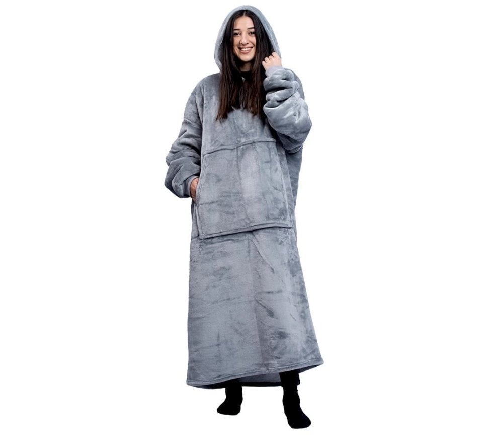 Deka k telce - mikina huňatá s rukávy + kapuce + kapsa 165 cm - šedá