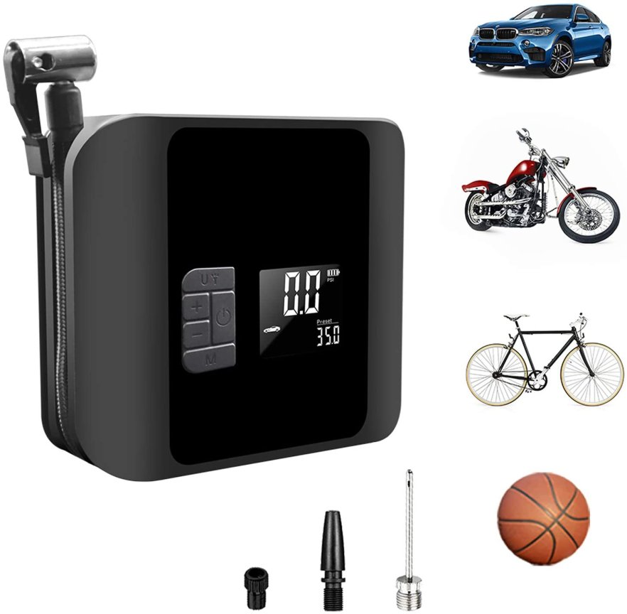 Elektrická pumpa do auta - přenosný 12V kompresor s baterií 2000 mAh + LED osvětlení