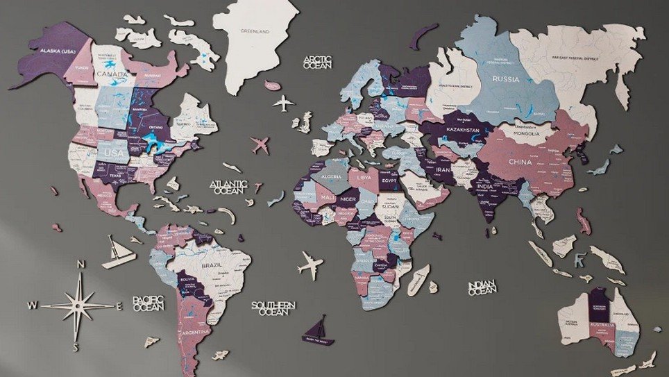 3D mapa světa nástěnná PASTEL 150×90 cm – originální obraz na zeď