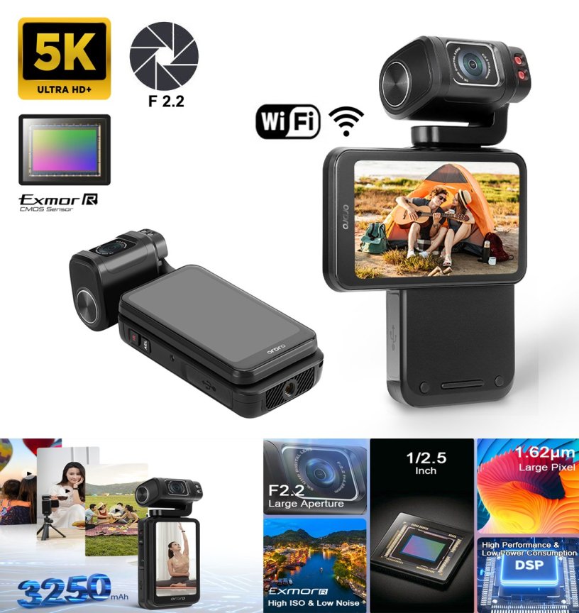 WiFi vlogovacia kamera 4K/5K + 3,5" otočný dotykový displej (180°) + IR LED – model Ordro M3
