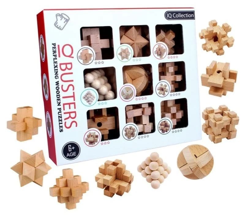 Hlavolamy dřevěné 3D – set 9 skládaček pro děti a dospělé