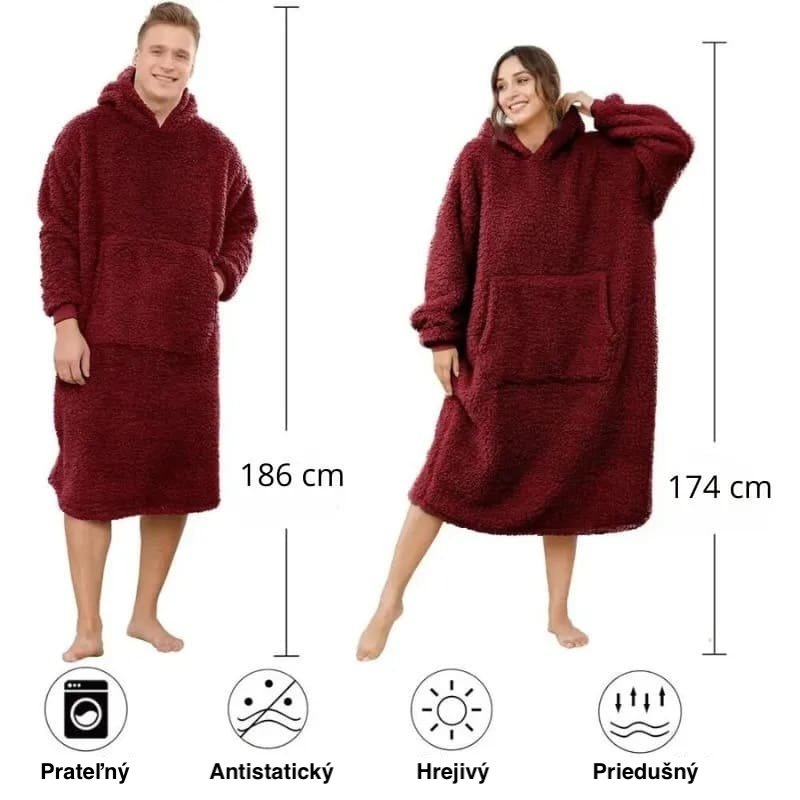 Deka k telce s kapucí červená - deka mikinová pohodlná + kapsa + rukávy