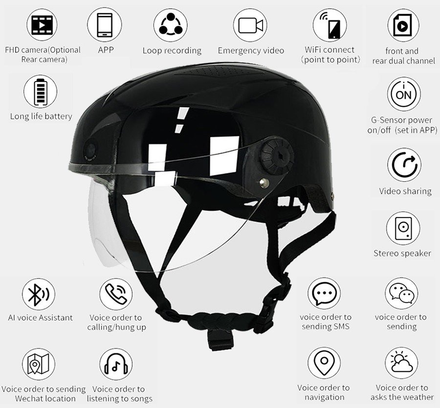 Smart prilba s kamerou – WiFi prilba s AI asistentom + Bluetooth + G-senzor + hudba a SOS funkcie