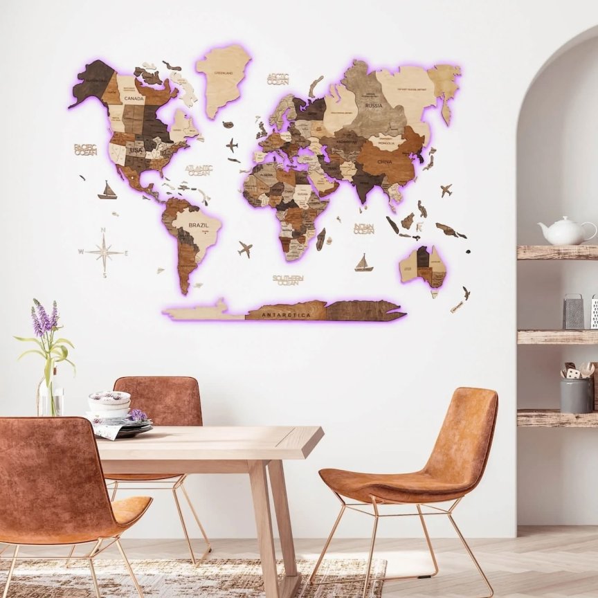 Luxusná LED 3D drevená mapa sveta 250×160 cm – drevený obraz s ovládaním