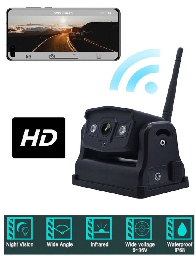Telecamera di retromarcia Wi-Fi con batteria 9600mAh con HD con attacco magnetico + 2x LED IR + IP68