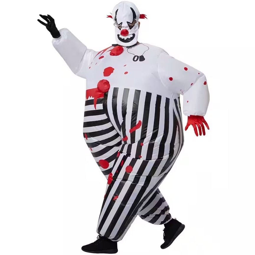 Kostým klaun strašidelný – halloweenský oblek nafukovací pro dospělé s ventilátorem
