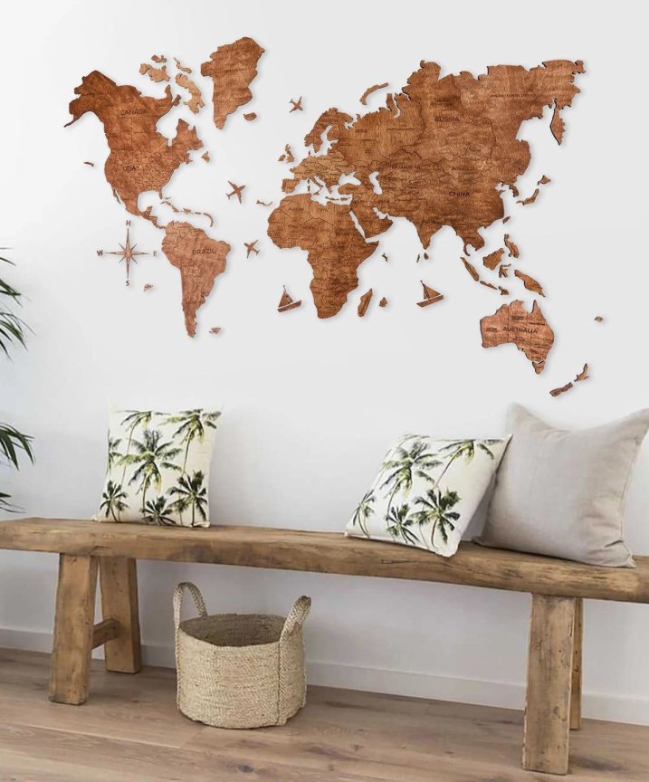 3D dřevěná mapa světa 100×60 cm – nástěnný 3D dřevěný obraz (barva - dub)