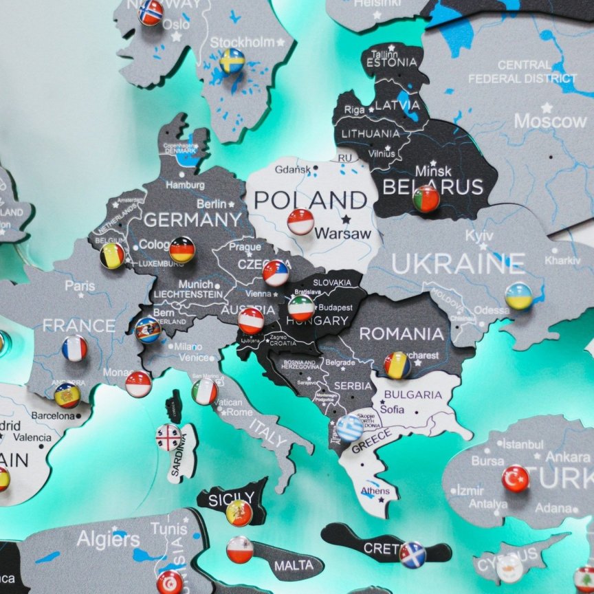 3D LED mapa světa bílo-šedá 150×90 cm – dřevěný nástěnný obraz s podsvícením