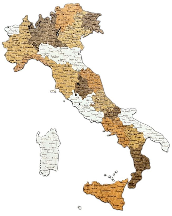 2D dřevěná mapa Itálie - Nástěnná mapa Itálie s vyznačenými městy 100×90,6 cm