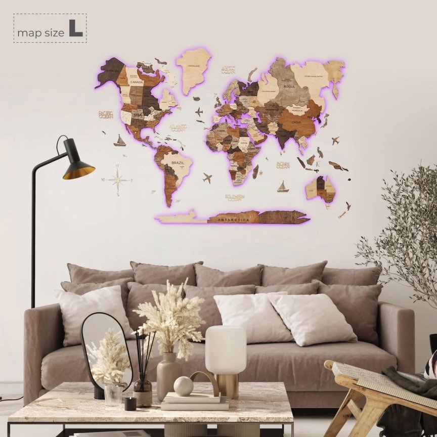 Luxusná LED 3D drevená mapa sveta 250×160 cm – drevený obraz s ovládaním