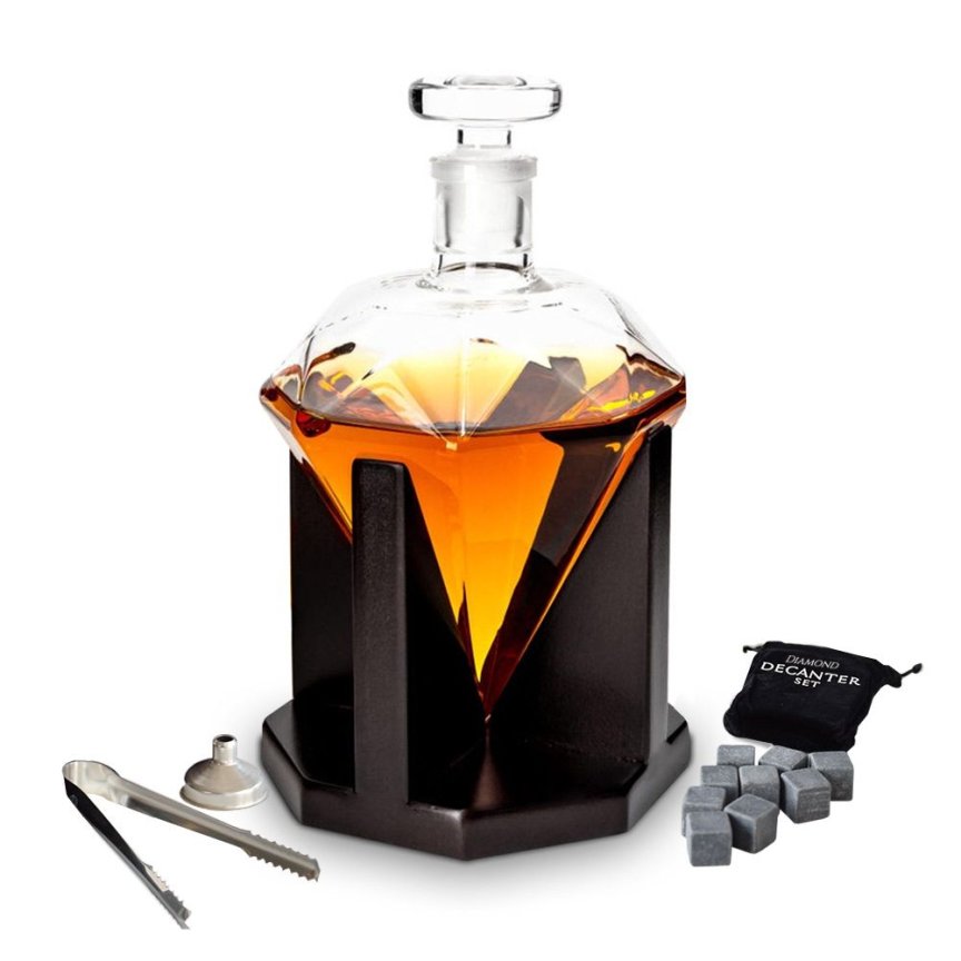 Karafa diamant na whisky 850 ml – nádoba na whisky skleněná (stojan + 9 kamenů)
