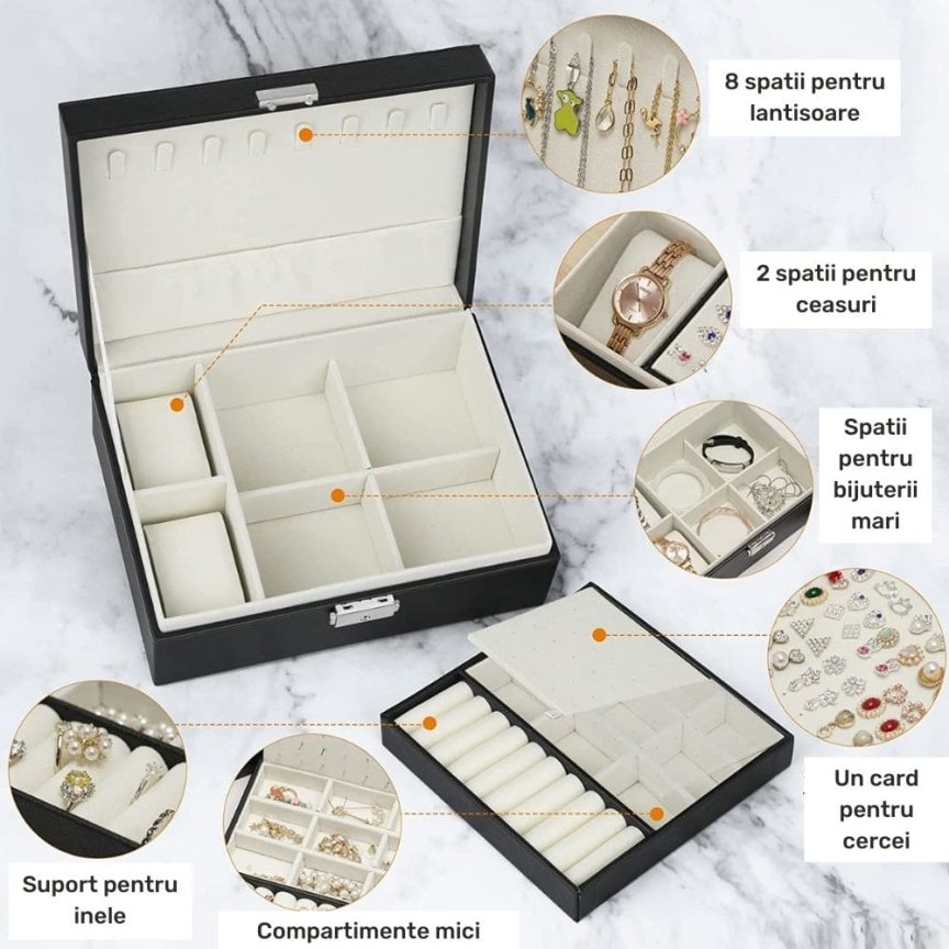 Šperkovnica organizér so zámkom – box na šperky pre ženy a dievčatá 23 x 17,5 x 8,5 cm