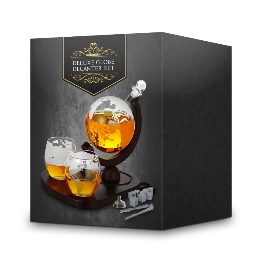 Karafa na whisky (set na Whiskey) – dřevěný stojan + 2 sklenice + 9 chladicích kamenů