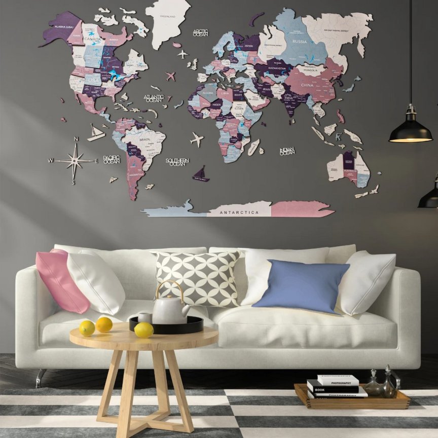 3D mapa světa nástěnná PASTEL 150×90 cm – originální obraz na zeď