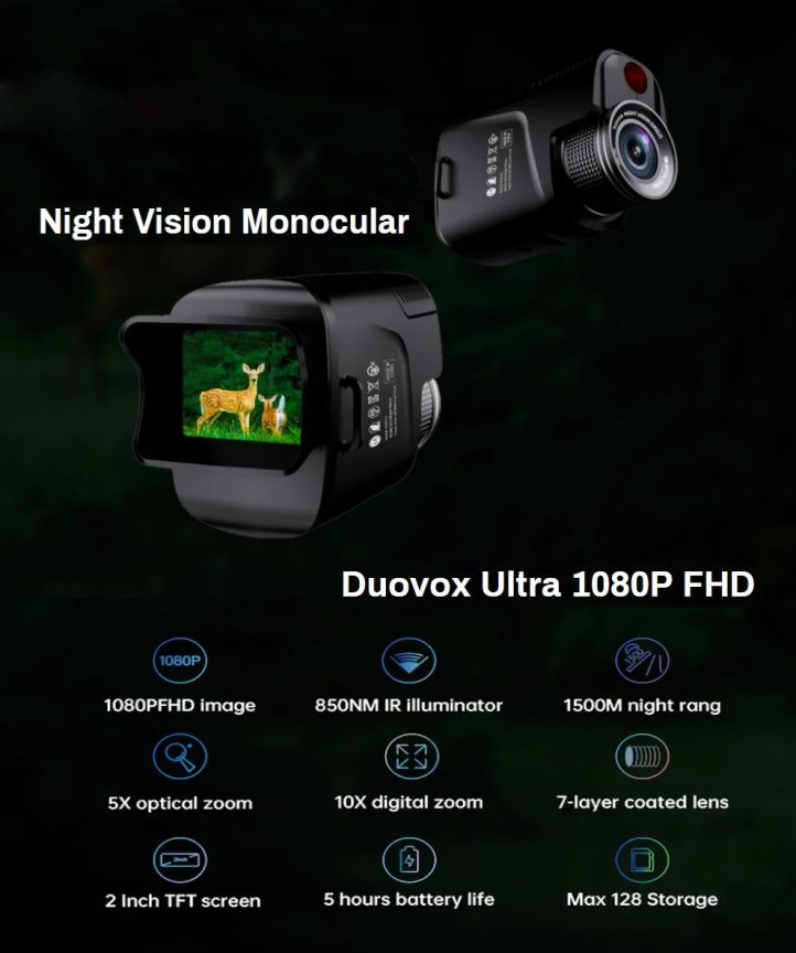 Full HD nočný monokulár Duovox – 10x digitálny zoom, farebné nočné videnie, CMOS snímač, výdrž batérie 4000mAh