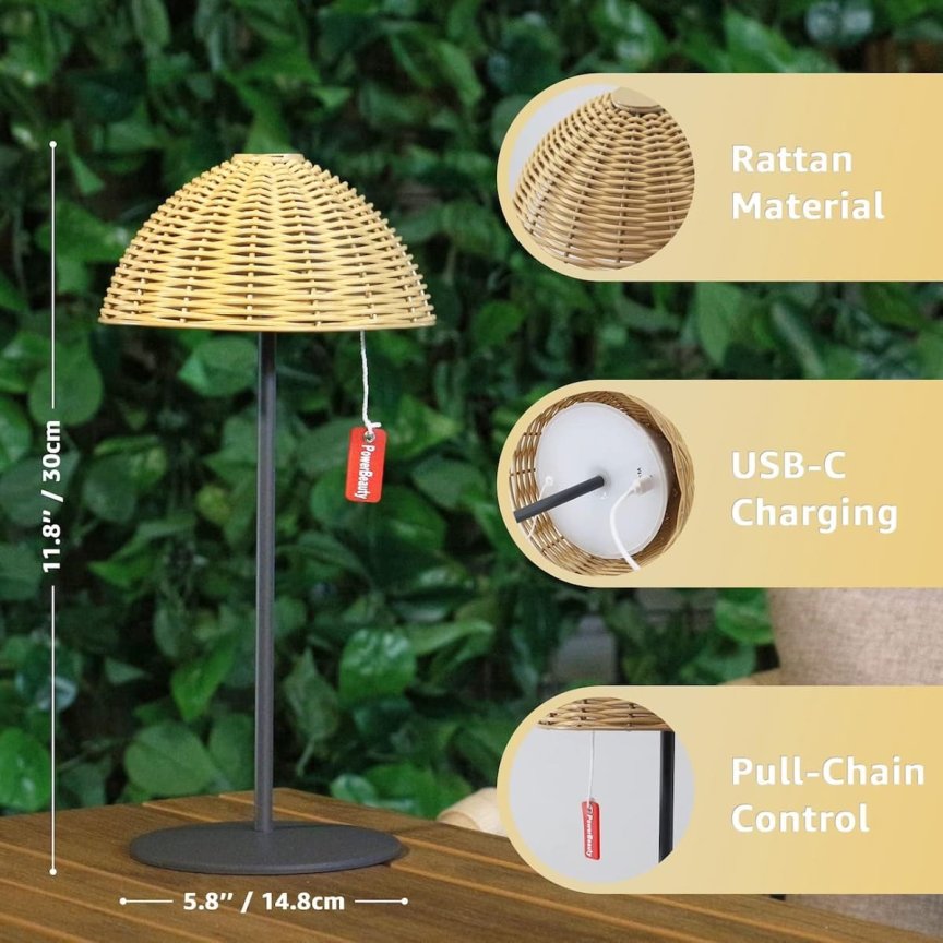 Prenosná LED lampa na stol exteriérová ratanová lampa s krytím IP44