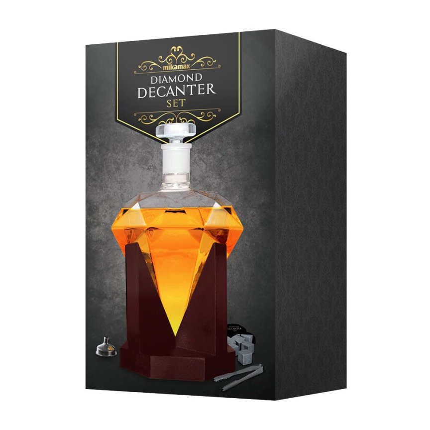 Karafa diamant na whisky 850 ml – nádoba na whisky skleněná (stojan + 9 kamenů)