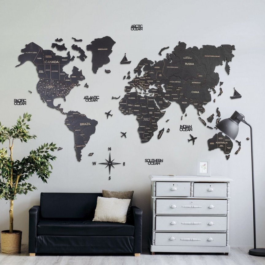 3D dřevěná nástěnná mapa světa ze dřeva – černý dekor, 100 × 60 cm mapa na zeď
