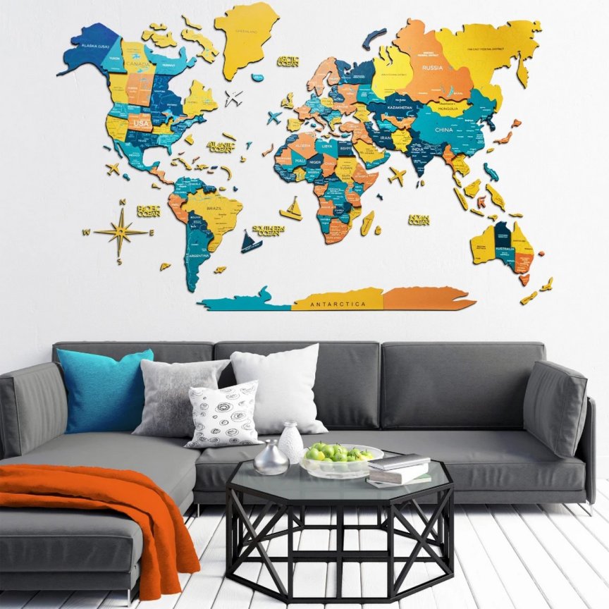 Drevená 3D mapa sveta SUNRISE 200x120cm – 3D dekorácia na stenu z dreva farebná