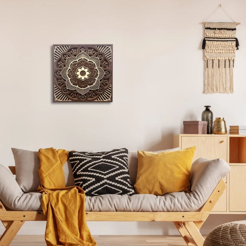 Dřevěný 3D obraz – nástěnná mandala Tibetský motiv / dřevěný obraz na zeď