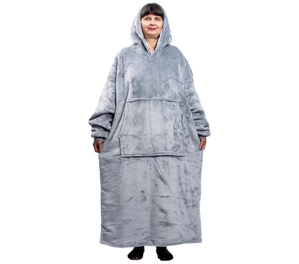 Deka k telce - mikina huňatá s rukávy + kapuce + kapsa 165 cm - šedá