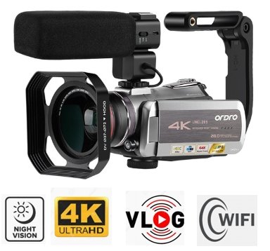 4K videokamera Ordro AZ50 s WiFi + nočné videnie + makro a teleobjektív + LED osvetlenie + praktický kufrík