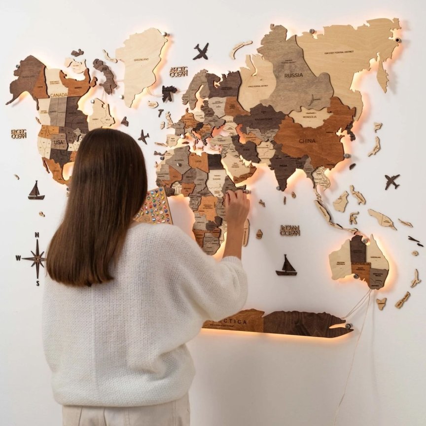Luxusná LED 3D drevená mapa sveta 250×160 cm – drevený obraz s ovládaním