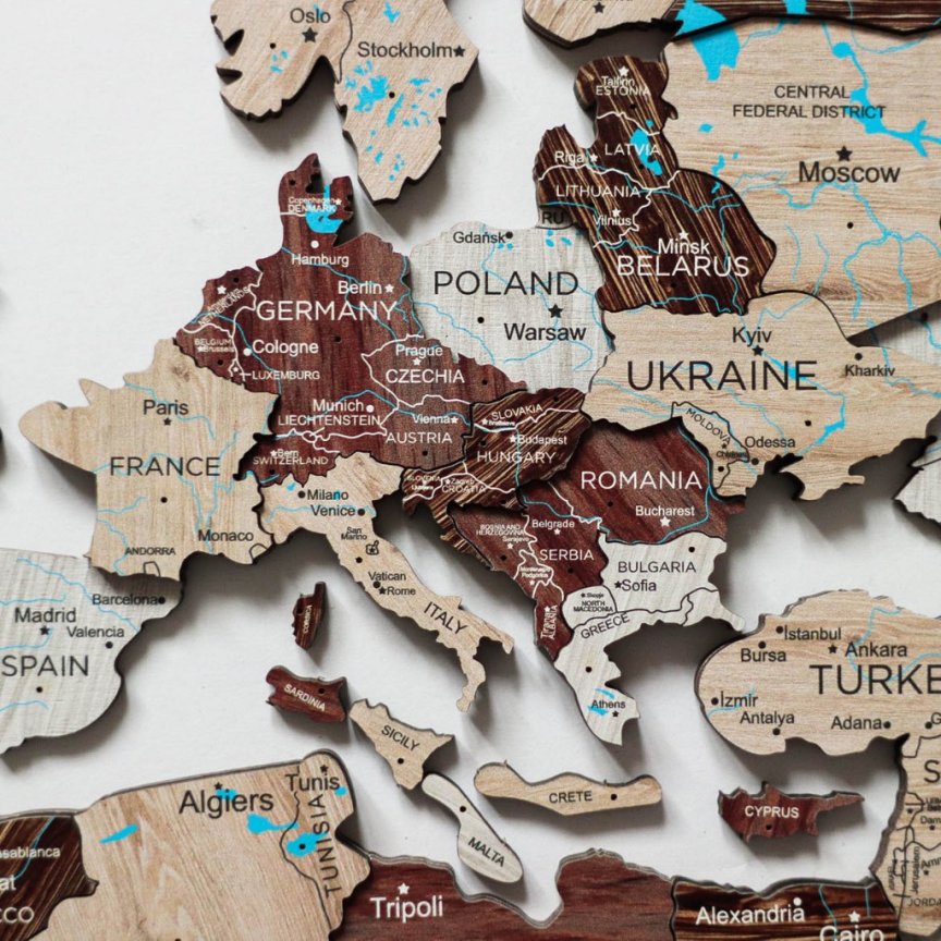 Magnetická 3D dřevěná mapa světa - Fosforeskující mapa na zeď (Capuccino) 100×60 cm