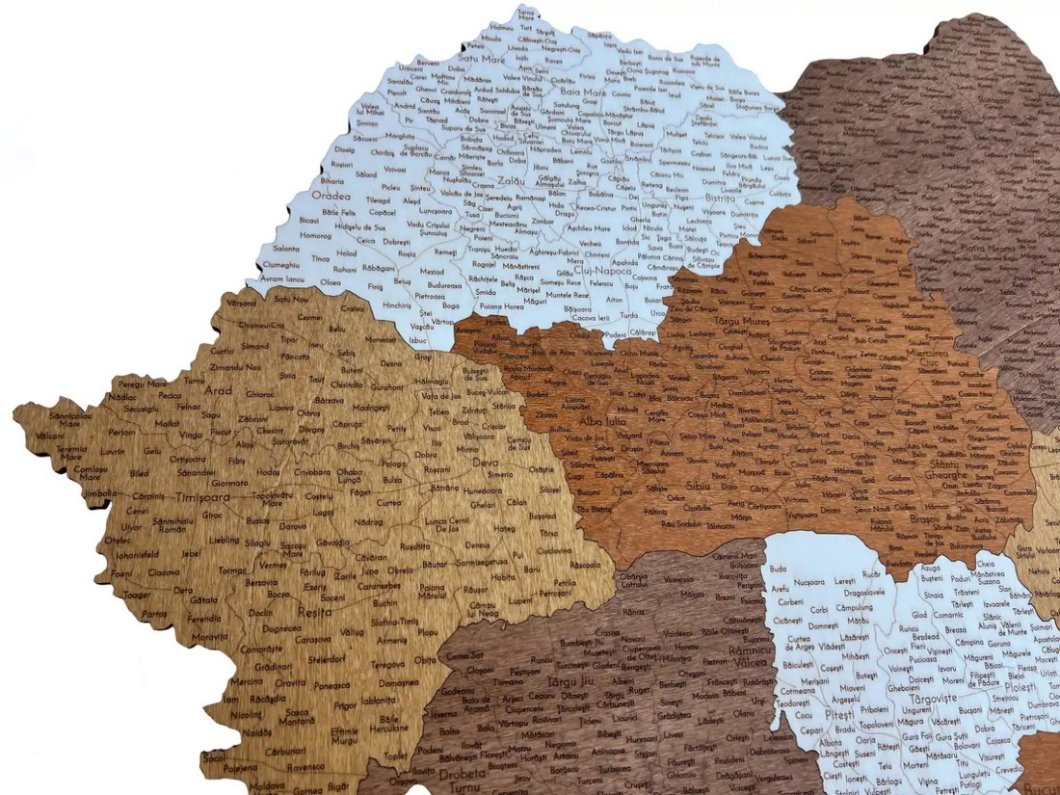 3D dřevěná nástěnná mapa Rumunska s vyznačenými městy 56,5×80 cm