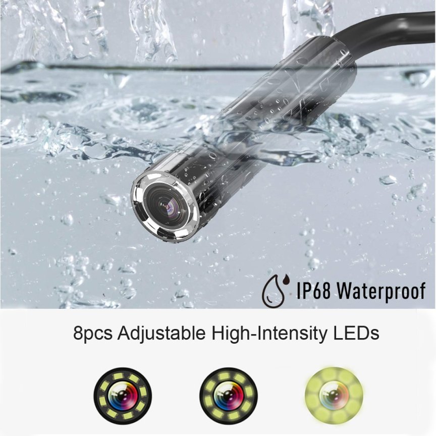 Endoskop HD Inšpekčná kamera s auto zaostrovaním + 5" displej + 9mm kamera s LED s IP68