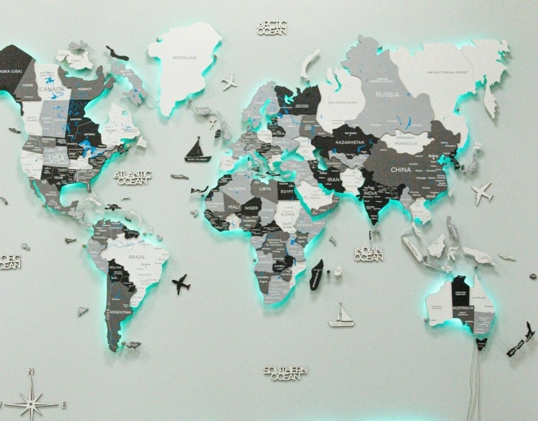 3D LED mapa světa bílo-šedá 150×90 cm – dřevěný nástěnný obraz s podsvícením
